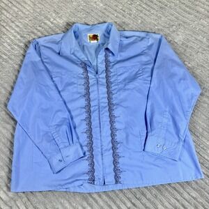 Guayabera Shirt Men 3xL Blue Full-Zip Embroidered Fern Cuban Wedding Haband